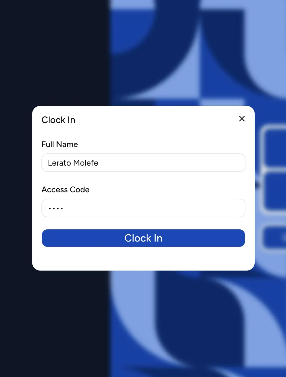 Mobile clock-in screen where an employee enters their full name and access code
