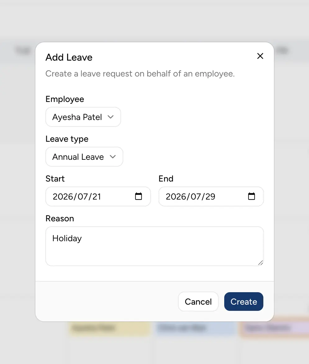 Add leave modal to create a leave request on behalf of an employee with employee, leave type, start and end date and reason fields