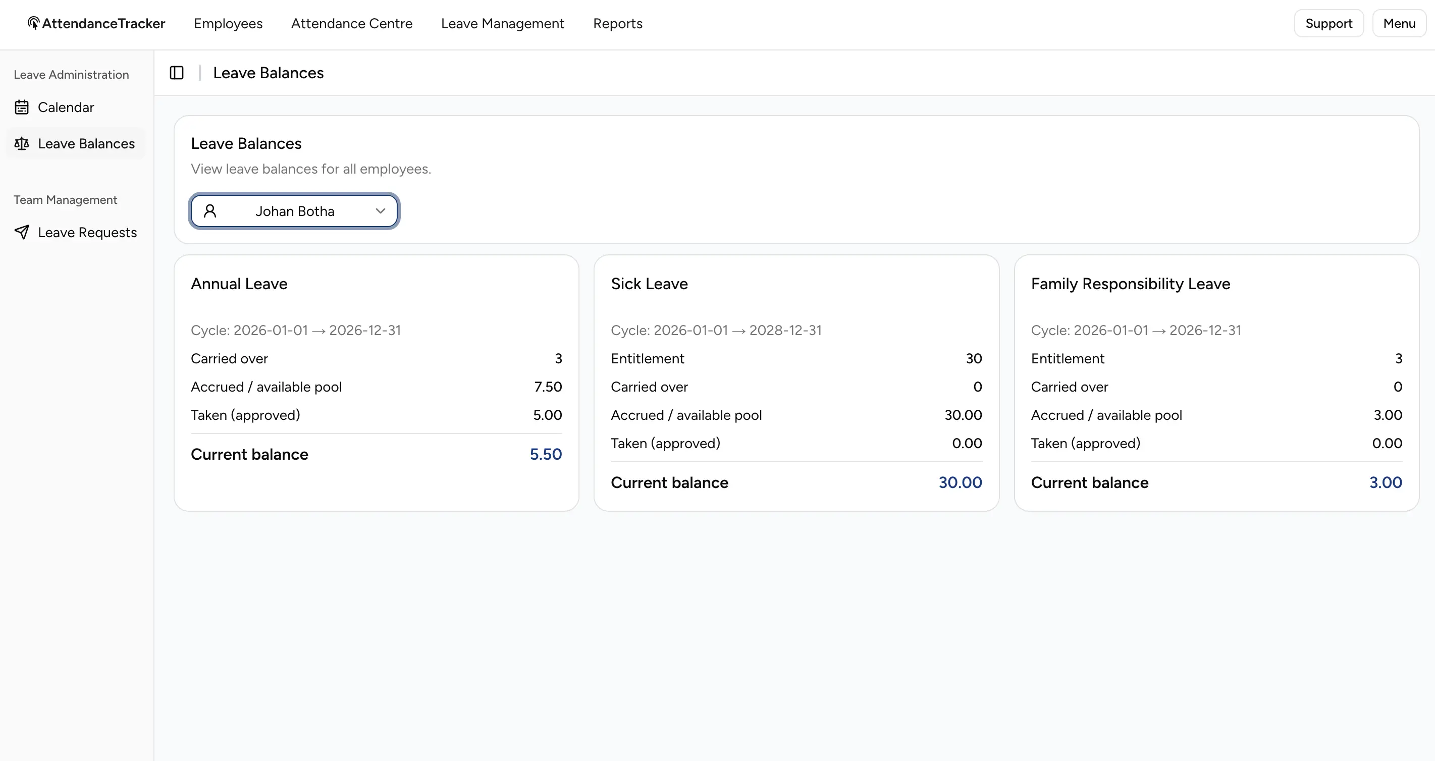 Leave balances screen for an employee showing Annual, Sick and Family Responsibility Leave cards with cycle, entitlement, carried over, accrued and current balance