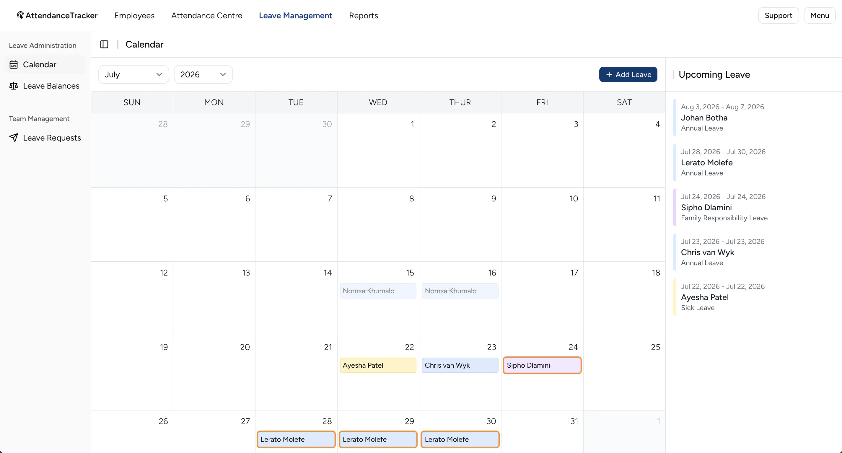Leave calendar showing July 2026 with colour-coded leave entries per employee and an upcoming leave panel on the right