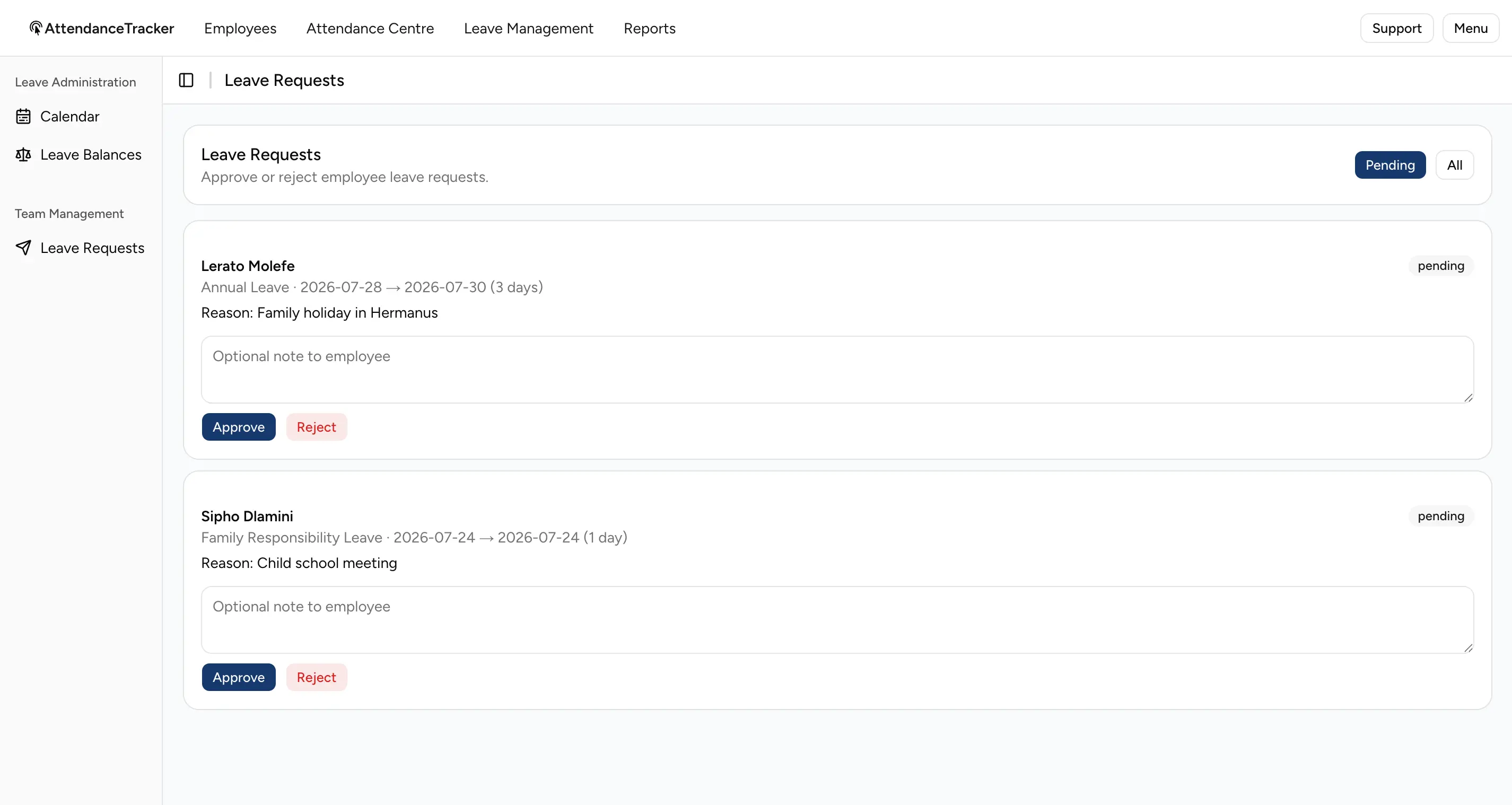 Leave requests screen showing pending and past leave requests with statuses